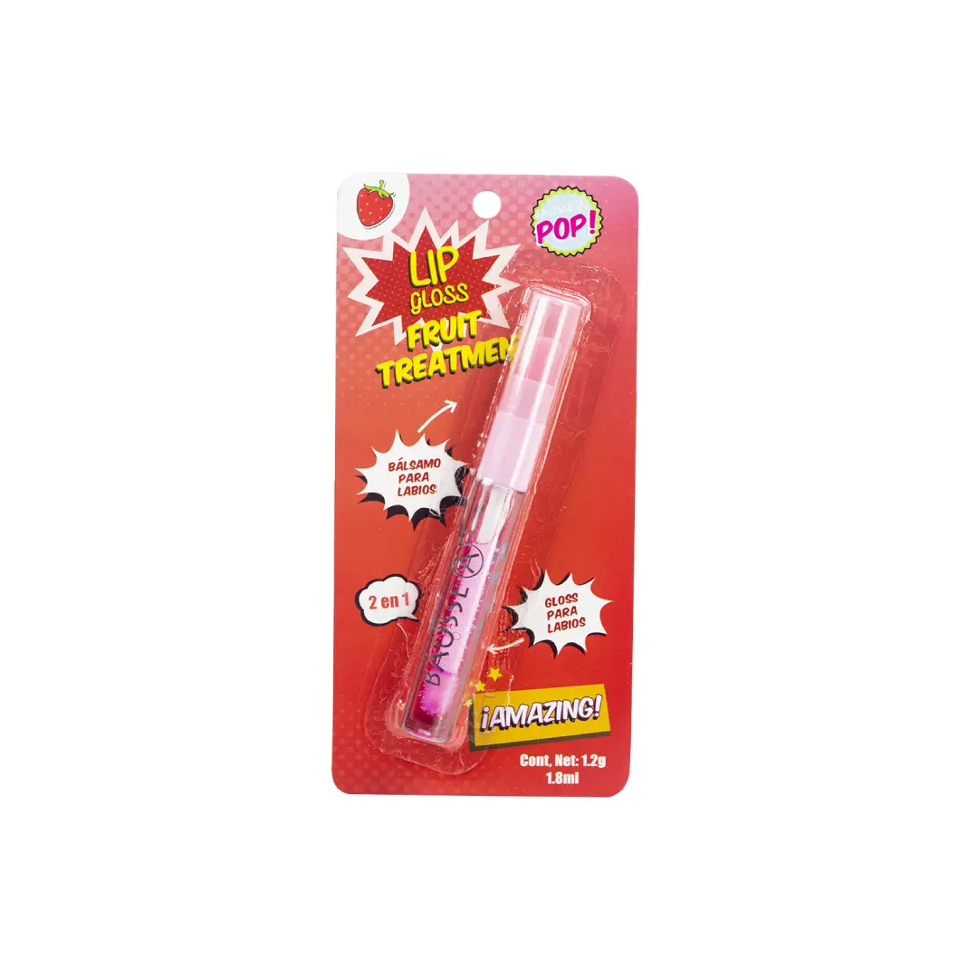 Lip Gloss bálsamo hidratante con brillo natural, disponible en sabores Fresa y Uva.